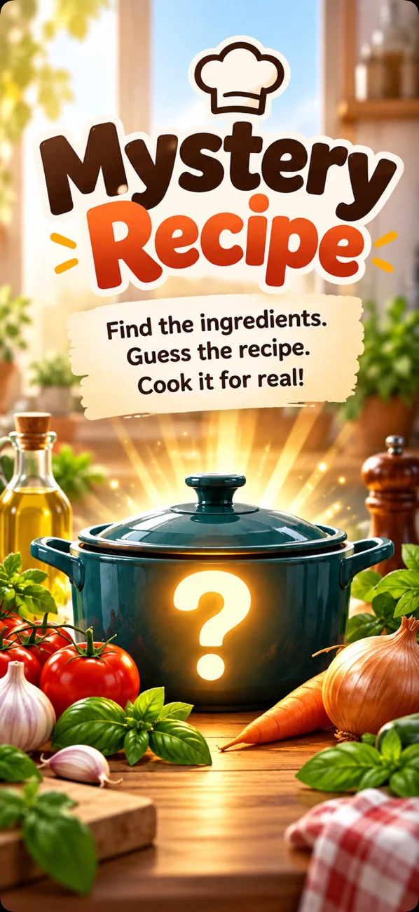 Mystery Recipe: find the ingredients, guess the recipe, and cook it for real, with a mystery cooking pot surrounded by fresh ingredients