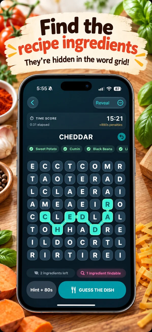Ingredient word puzzle with cheddar selected and a Guess the Dish button