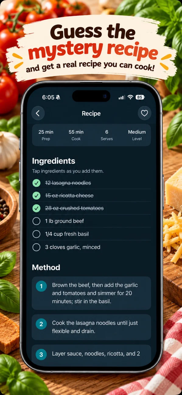 An unlocked recipe with cooking times, ingredients, and step-by-step instructions