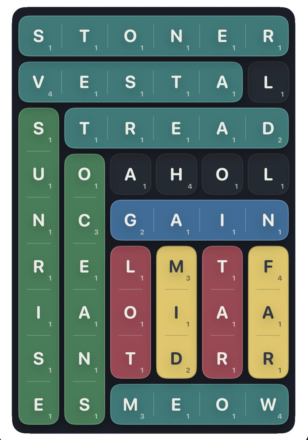 Completed words moved and rotated around a Werds board