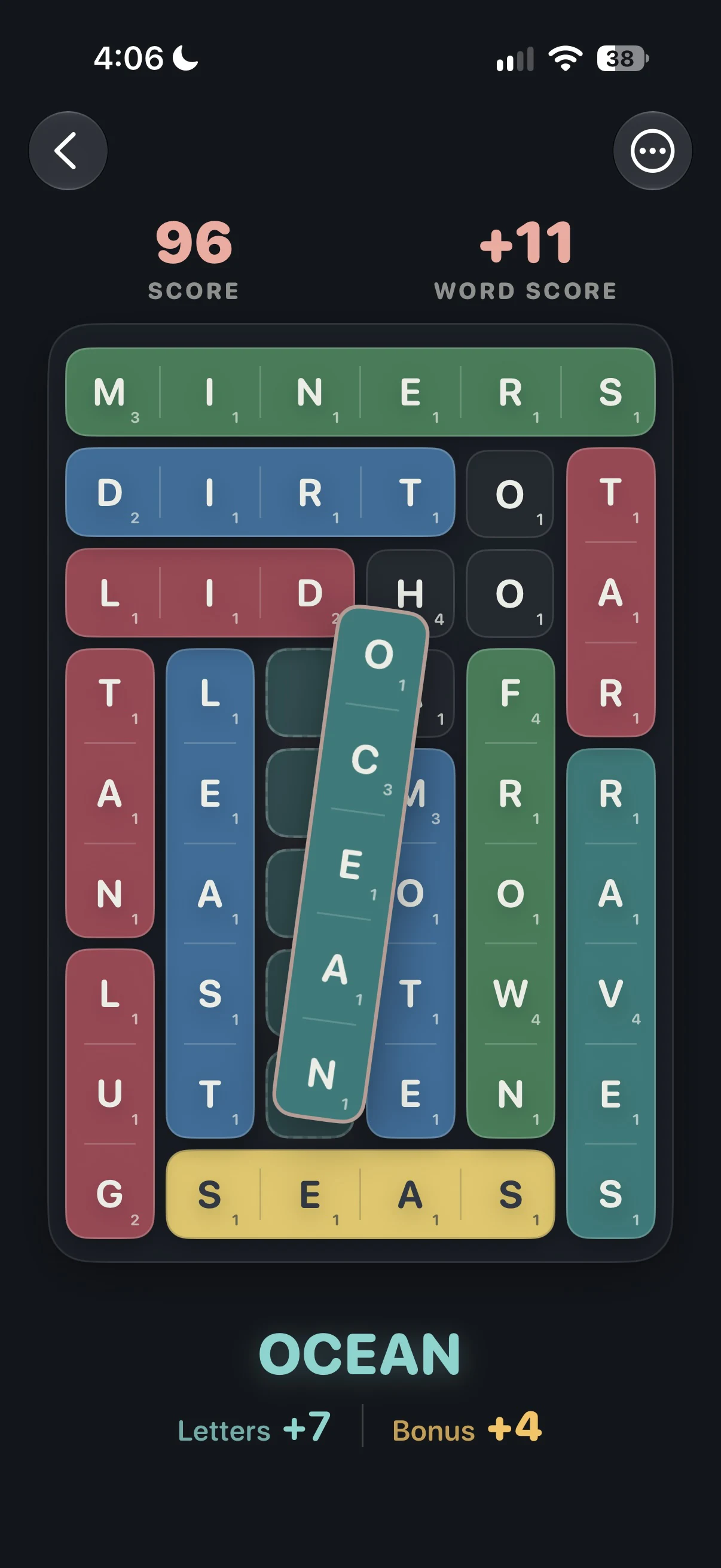 A second Werds game board with colorful words, including HOODED